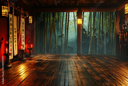 A hidden samurai dojo 3D background room deep within a tranquil bamboo forest, with wooden floors polished smooth by centuries of training, intricate katana swords displayed on the walls, soft