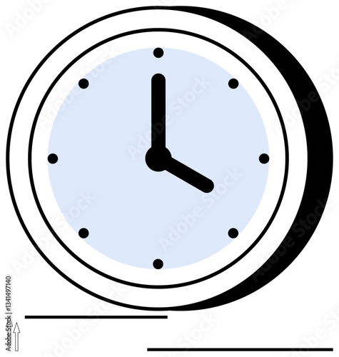 Circular clock with black frame, blue face, bold black hands, and hour markers. Ideal for time management, punctuality, scheduling, efficiency simplicity deadlines timekeeping. Flat simple