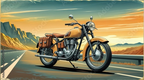 vintage motorbike resting by endless highway with golden sky for nostalgic travel posters greeting cards and wall art