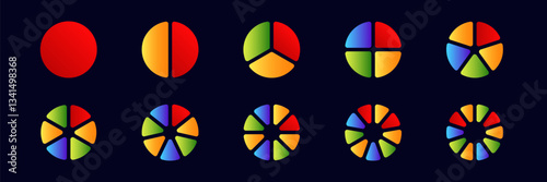 Eleven vibrant pie charts illustrate different patterns, showcasing dynamic data visualization elements.