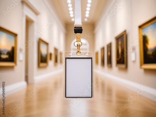 A white lanyard with a blank card hangs in a museum gallery, surrounded by framed artworks on the walls.