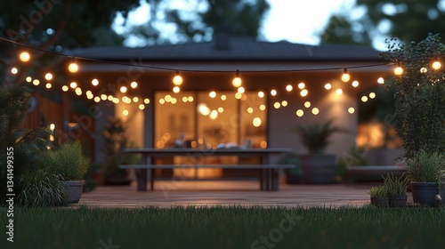 Backyard patio dinner party at dusk with string lights