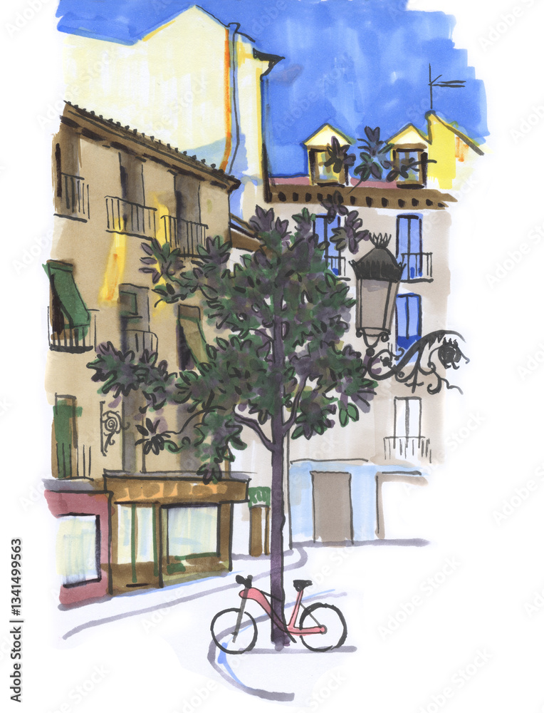 Obraz premium Spanish street. Sunny day, houses, windows, balconies, tree, bicycle. Cute and cozy hand drawn sketchy style markers illustration. European landmark, tourist attraction. Madrid, capital of Spain.