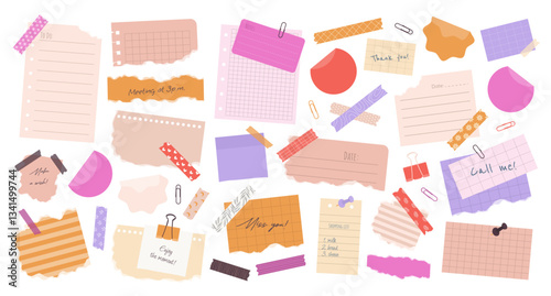 Big set of different torn paper notes, stickers, to do list, notebook, duct tapes, paper clips. Isolated flat sticky elements, planners, reminders for mood boards, scrapbooking, craft designs. Vector.