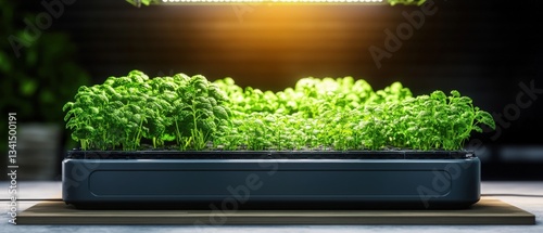 Innovative grower's tray filled with green plants growing strongly under led lights in a modern vertical farming setup