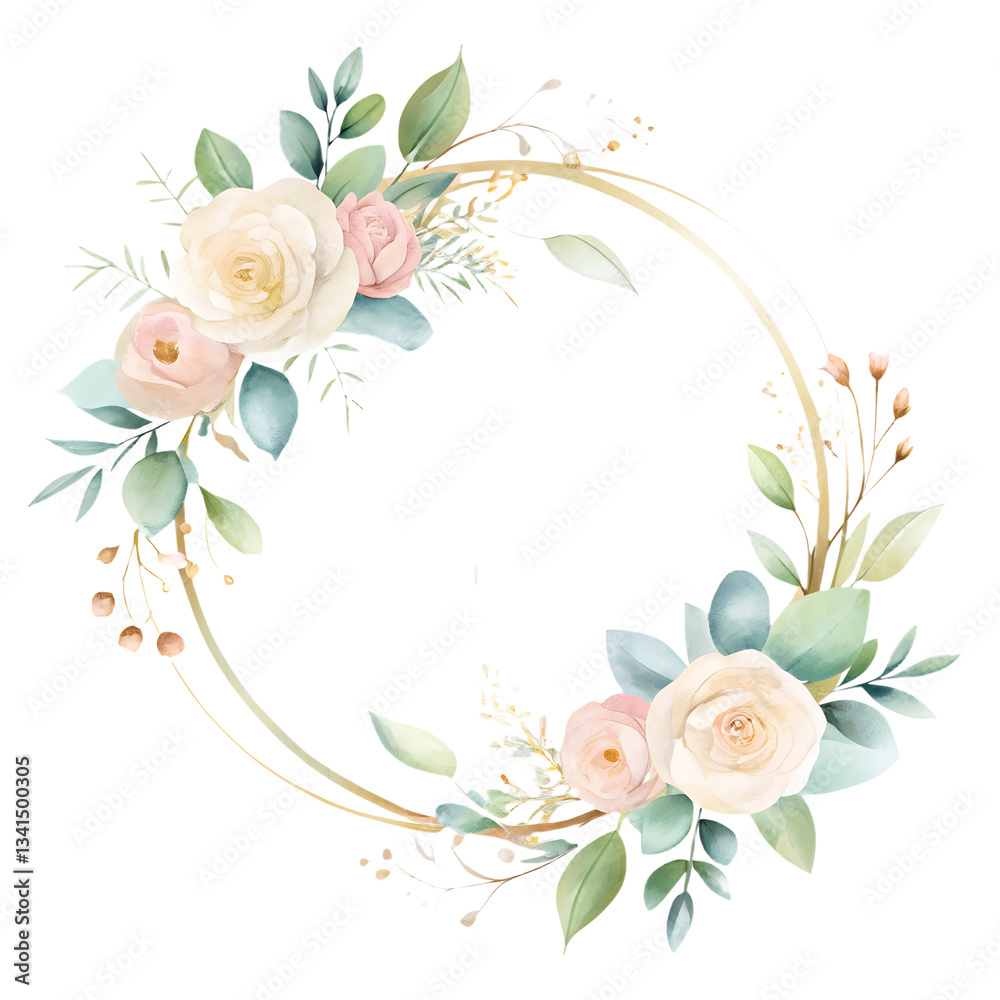 Naklejka premium Sophisticated hand-drawn watercolor wedding logo with a soft, modern touch, featuring pastel florals, eucalyptus leaves, and refined gold-foil accents.