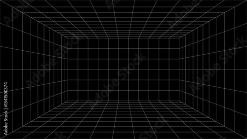 Abstract 3d perspective indoor wireframe vector design. Vector illustration. wireframe grid. perspective grid room on black background