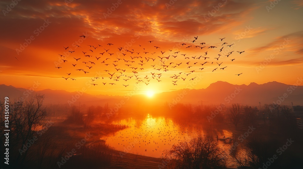 Naklejka premium Birds flying in V-formation over lake at sunrise.