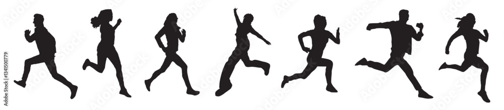 Set of differrent running people, men and women black silhouettes. Flat vector illustrations isolated on transparent background Set of differrent running people, men and women black silhouettes. Flat vector illustrations isolated on transparent background