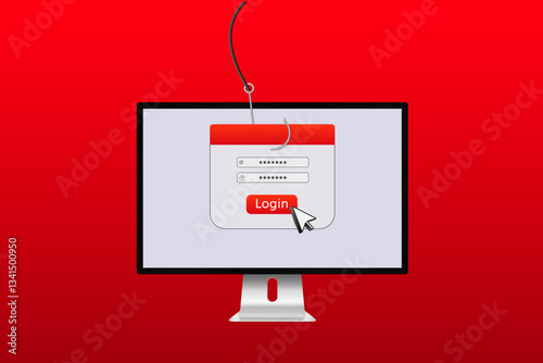 A computer screen shows a deceptive login page, highlighting a phishing scam alert and password risk.