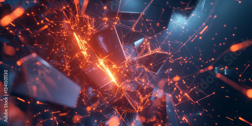 A futuristic 3D background with a network of interconnected glowing hexagonal panels, each pulsating with energy. The sleek, geometric structure enhances the high-tech and digital aesthetic.