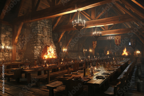 A rustic Viking great hall 3D background with massive wooden beams, roaring fires in stone hearths, long feasting tables with drinking horns, and warriorsâ€™ shields hanging from the walls.
