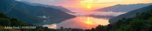 Peaceful dawn, mist-shrouded hills, Round Valley reservoir , sunrise, sun