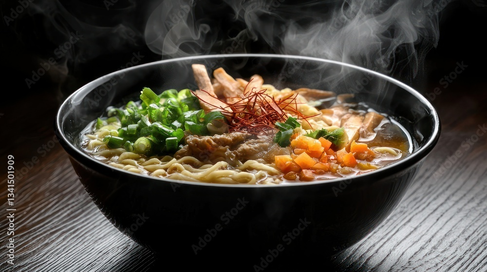 A bowl of steaming hot ramen with toppings A bowl of steaming hot ramen with toppings