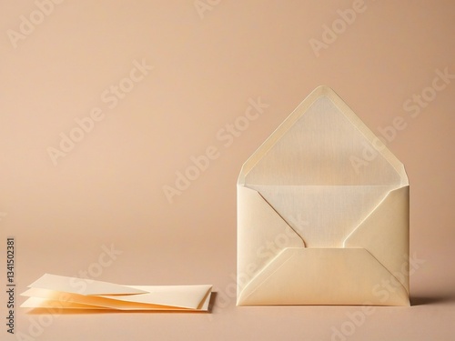 An open envelope with a blank card inside sits on a light beige background, accompanied by a folded card.