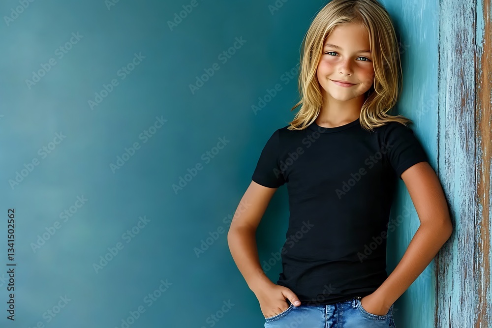 Smiling blond child, leaning against a teal wood wall, portrait Smiling blond child, leaning against a teal wood wall, portrait