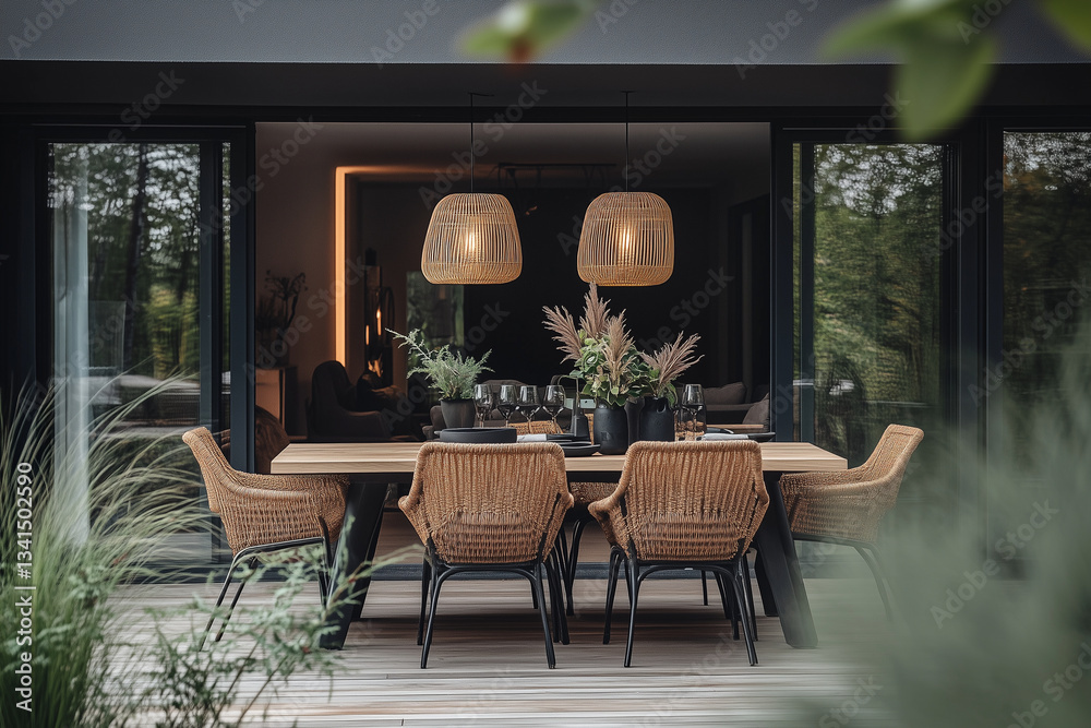 Obraz premium A modern dining table set up on the terrace