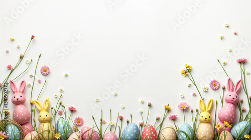 A white background with a bunch of Easter eggs and rabbits