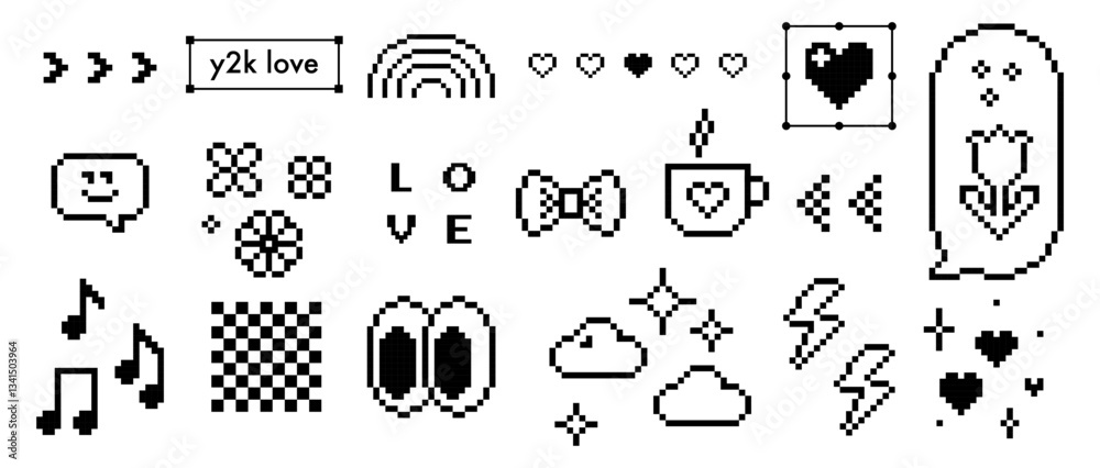 Pixel art black game abstract elements set. Y2k trendy collage stickers. Look eyes, smile face, heart and cool icon pack. Mood of 90's. 8-bit retro style vector illustration. Simple geometric shape Pixel art black game abstract elements set. Y2k trendy collage stickers. Look eyes, smile face, heart and cool icon pack. Mood of 90's. 8-bit retro style vector illustration. Simple geometric shape
