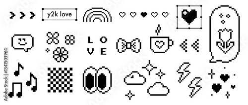Pixel art black game abstract elements set. Y2k trendy collage stickers. Look eyes, smile face, heart and cool icon pack. Mood of 90's. 8-bit retro style vector illustration. Simple geometric shape
