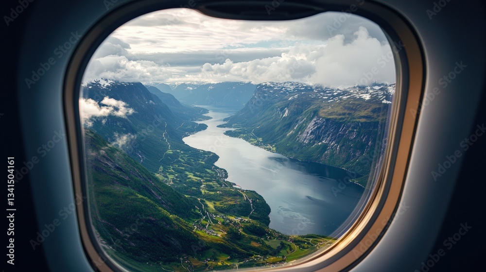 Naklejka premium Aerial view of a stunning landscape seen through an airplane window.