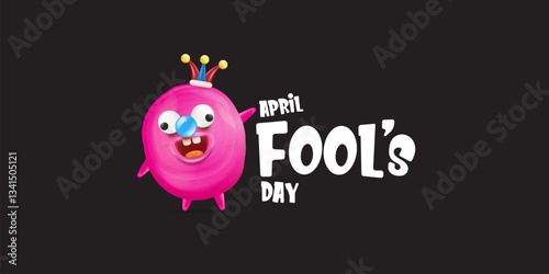April Fools day funky horizontal banner with silly pink clown monster character isolated on black background. 1 st april fool day banner, poster, label, flyer and greeting card. Fool day print