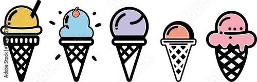 Tasty Ice Cream Scoops in Waffle Cones - Summer Treat Icon Set, A set of colorful ice cream cone icons with different flavors and toppings, perfect for summer, desserts, and food design.