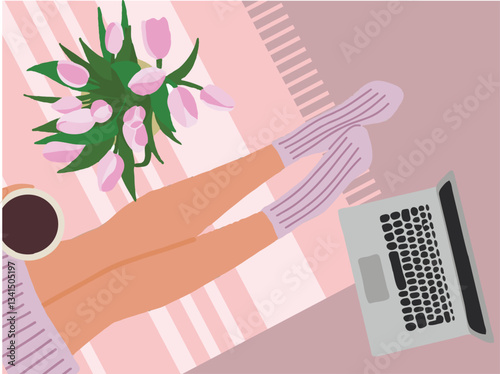 Woman legs on the floor up view flat style with notebook, bouquet and cup of tea, coffee or cocoa