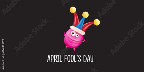 April Fools day funky horizontal banner with silly pink clown monster character isolated on black background. 1 st april fool day banner, poster, label, flyer and greeting card. Fool day print