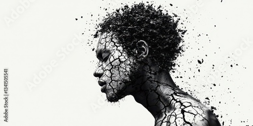 Abstract illustration of mental health, illness, depression, and isolation. A striking portrait of a person with cracked skin, symbolizing fragility and resilience.