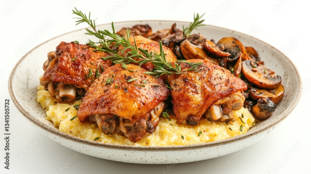 Fried chicken thighs paired with creamy polenta and a garnish of sauteed wild mushrooms Fried chicken thighs paired with creamy polenta and a garnish of sauteed wild mushrooms