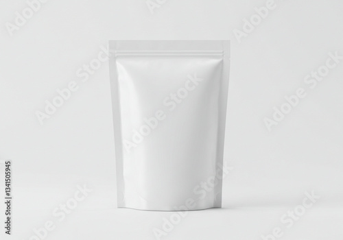 Food Doypack Packaging Mockup. A high-quality, studio shot of a blank, white pouch