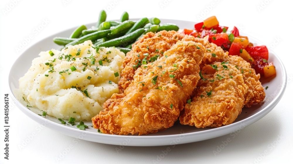 Golden fried chicken plated with a side of herb-infused mashed potatoes and sauteed green beans Golden fried chicken plated with a side of herb-infused mashed potatoes and sauteed green beans