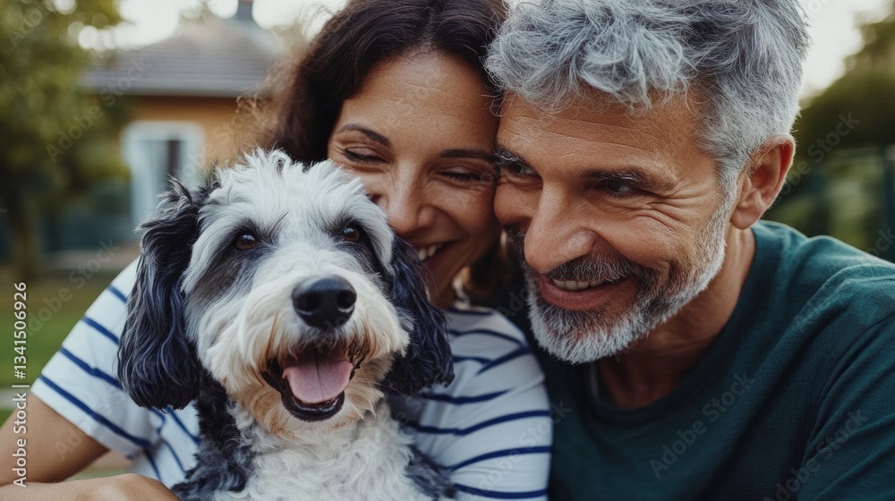 An elderly couple sharing a joyful moment with their dog. An elderly couple sharing a joyful moment with their dog.