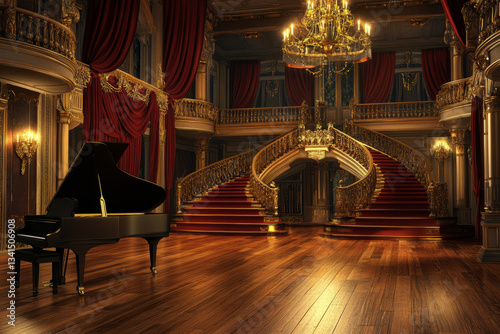 A grand Victorian ballroom 3D background room with polished wooden floors reflecting the glow of golden chandeliers, walls adorned with elegant red velvet drapes, a grand piano in the corner playing