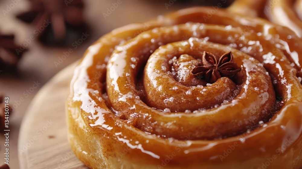 Fototapeta premium Glossy Cinnamon Roll with Star Anise on a Wooden Board
