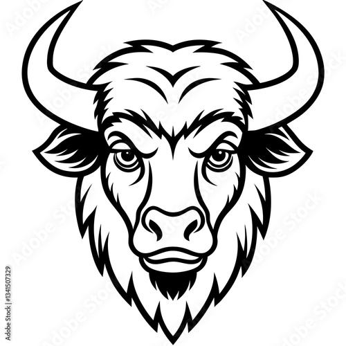 black and white vector illustration of a bison head with fierce expression