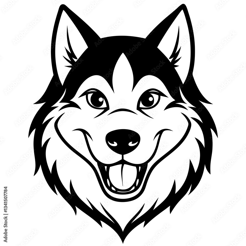 Naklejka premium A smiling husky dog's face in black and white. The dog is looking friendly and happy with it's tongue out