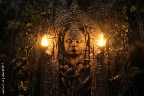 A mysterious lost temple 3D background room hidden deep in the jungle, covered in ancient vines and glowing moss. Flickering torches light the massive stone statues and intricate carvings that hint at