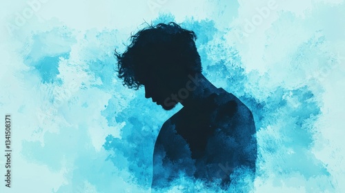 Abstract illustration of mental health, illness, depression, and isolation. Silhouette of a person against a blue watercolor background, conveying a sense of introspection and calmness.