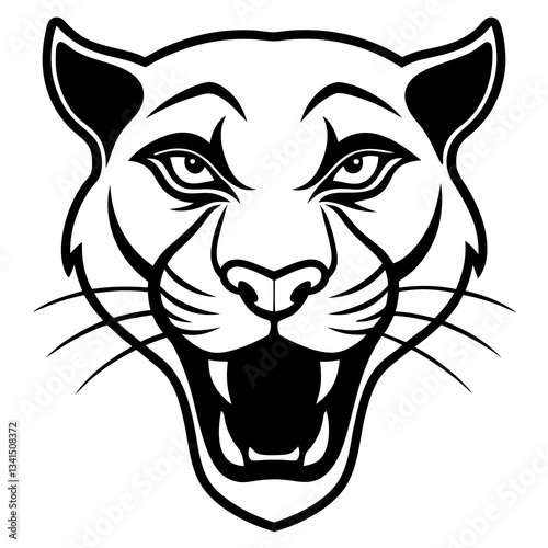 a bold monochrome illustration of a mountain lion with fierce expression and open mouth 