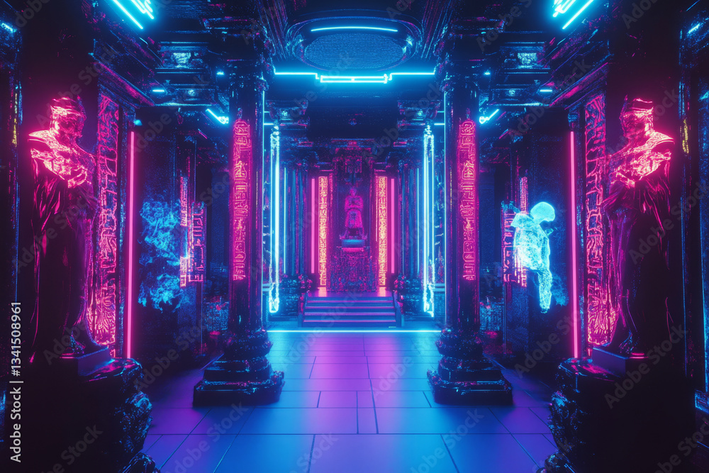 A neon-infused cyber temple 3D background room with glowing neon hieroglyphs, hovering digital monks, and an ancient altar fused with futuristic technology. The fusion of mysticism and sci-fi creates