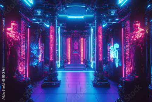 Obraz na płótnie A neon-infused cyber temple 3D background room with glowing neon hieroglyphs, hovering digital monks, and an ancient altar fused with futuristic technology. The fusion of mysticism and sci-fi creates w salonie