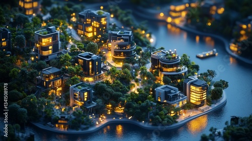 digital 3d isometric illustration of an illuminated futuristic eco-smart water front city