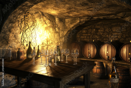 A luxurious underground wine cellar 3D background room with neatly arranged wooden barrels, dim golden lighting reflecting off vintage glass bottles, a rustic wooden tasting table with crystal glasses