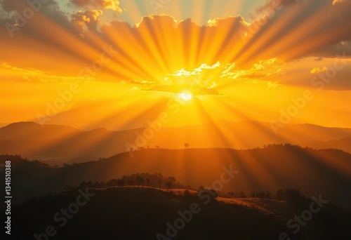 Golden rays illuminating a landscape, symbolizing enlightenment, knowledge, peaceful