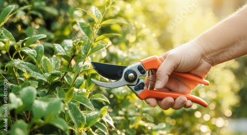Hand pruning green shrub with orange shears in sunlight
