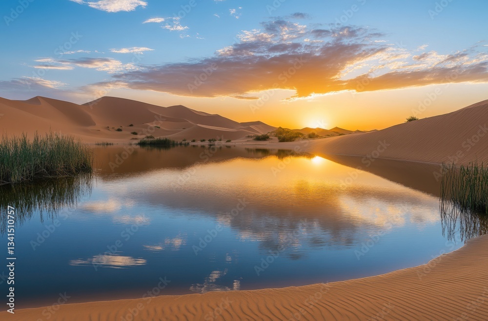 Obraz premium A sunset view of an oasis in the desert, still water