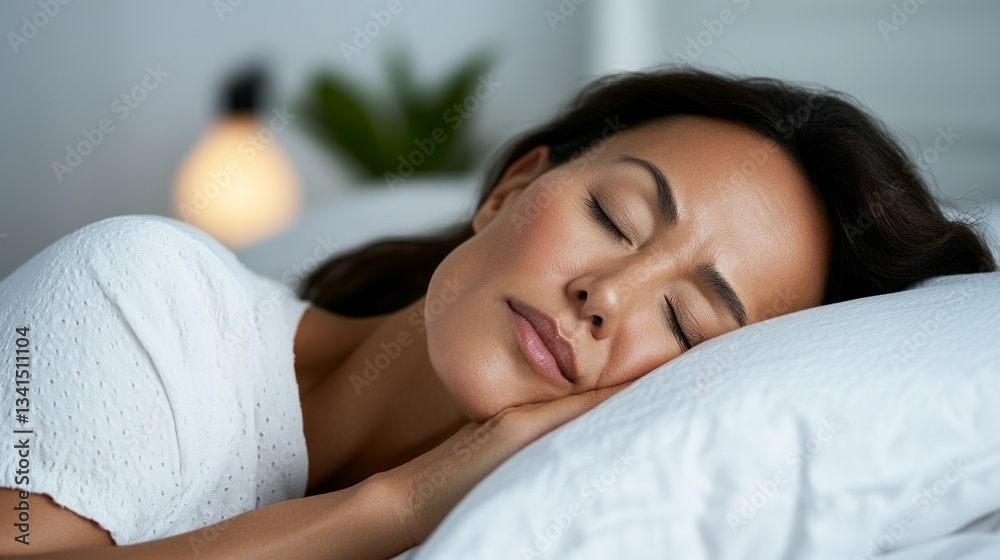 The image features a woman lying on a bed, seemingly asleep, in a peaceful bedroom setting. The image features a woman lying on a bed, seemingly asleep, in a peaceful bedroom setting.