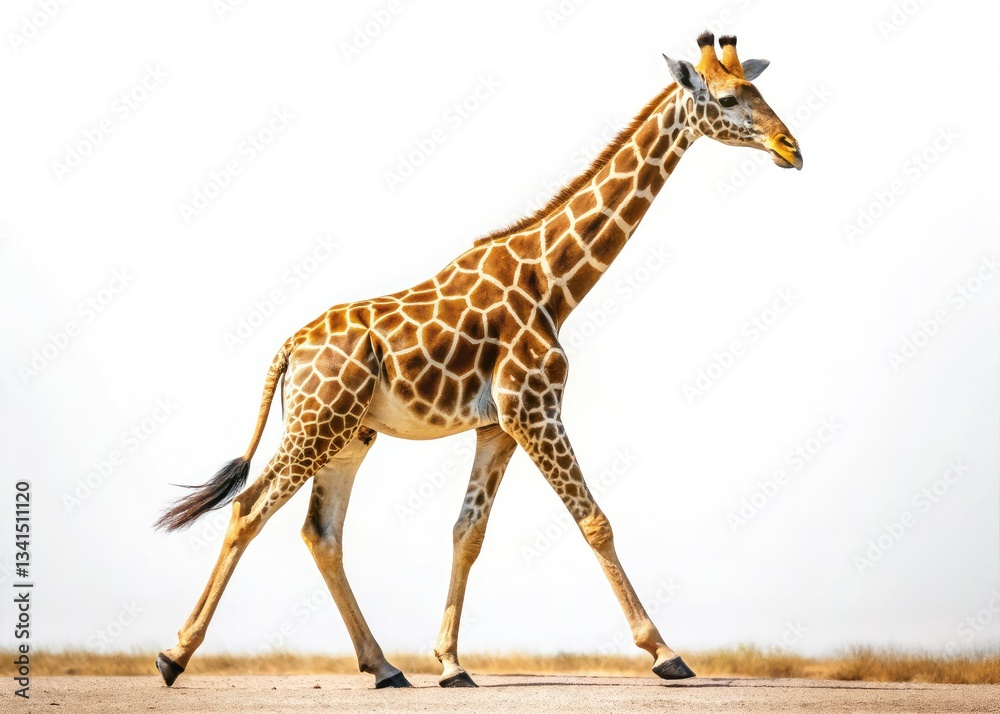 Fototapeta premium High-resolution wildlife photography captures a lone giraffe's elegant walk.